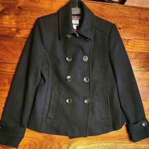 JCPENNEY VINTAGE Classic Black Wool Blend Double Breasted Peacoat Sz S Nice!